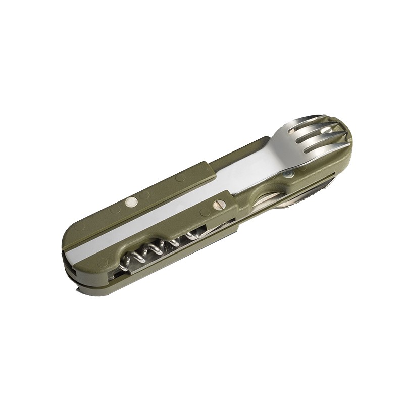 6-in-1 folding multi-tool knife with blade, fork and corkscrew, khaki olive tone, visible springs and mechanisms.