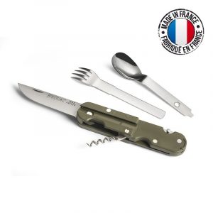 6-in-1 multifunction folding knife with blade, retractable fork and spoon, bottle opener and survival tool, khaki color, made in France