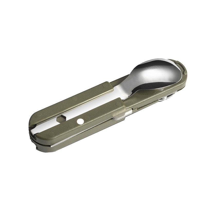 6-in-1 multifunction steel knife, foldable design, khaki color, with integrated spoon and locking mechanism.