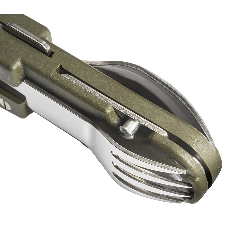 Multifunctional 6-in-1 Bivouac knife in tactical steel, folding blade with mechanism and integrated fork for camping and survival.