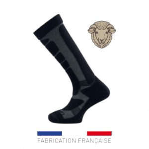 Chaussette mi-bas noire et grise en laine mérinos, hauteur moyenne, fabrication française (logo laine).