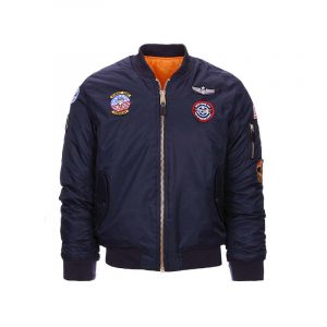 Blouson pilote MA-1 enfant navy avec patches militaires et doublure orange, fermeture éclair dorée, poches latérales.