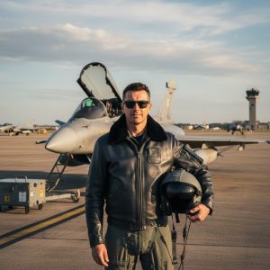 Pilote en blouson en cuir noir sur tarmac, jet de combat prêt au décollage en arrière, casque visière tenu à la main.