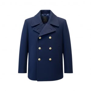 Manteau bleu marine double boutonnage doré, style marin, épais avec revers large.