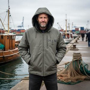 Hombre de pie en el muelle de un puerto, chaqueta cortavientos caqui con capucha y el logotipo de M&N y un ancla, costa y redes de pesca al fondo.