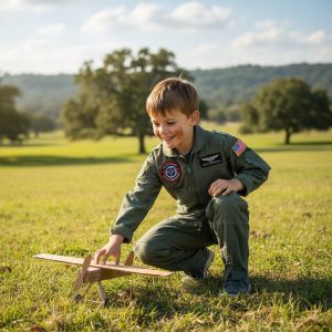 Jeune garçon en combinaison verte, agenouillé dans un champ, jouant avec un petit avion en bois modèle bois sur l’herbe. Patchs et drapeau américain sur l’uniforme.