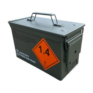 Waterproof military storage crate, khaki, with metal handle and orange 1.4 S1 hazard plate, safety pictogram.