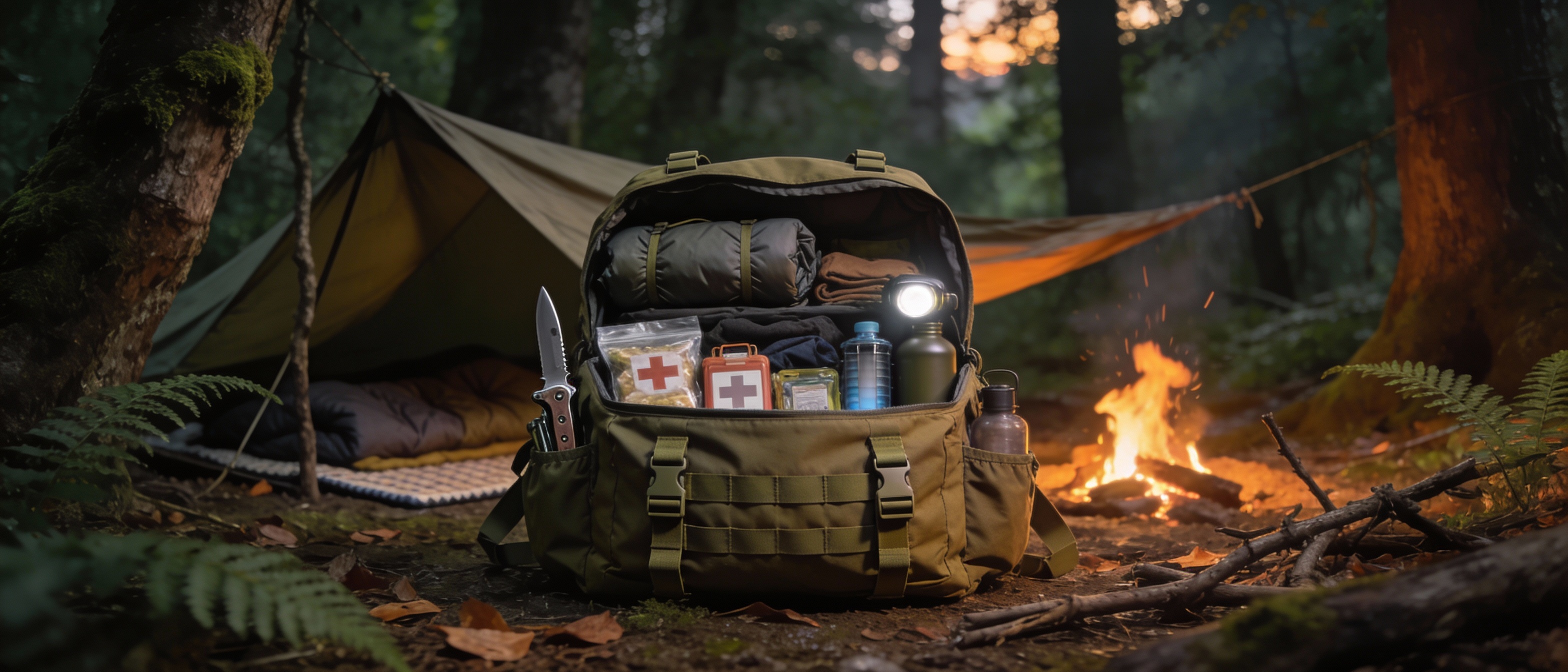 Sac à dos d’expédition militaire ouvert au campement en forêt, kit de premiers secours, eau, lampe frontale et matériel de survie près d’un feu de camp.