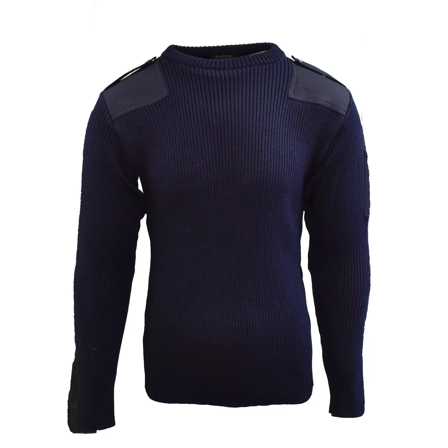 pull bleu marine en maille épaisse avec épaules renforcées en simili-cuir noir et épaulettes, col rond. pull bleu marine en maille épaisse avec épaules renforcées en simili-cuir noir et épaulettes, col rond.