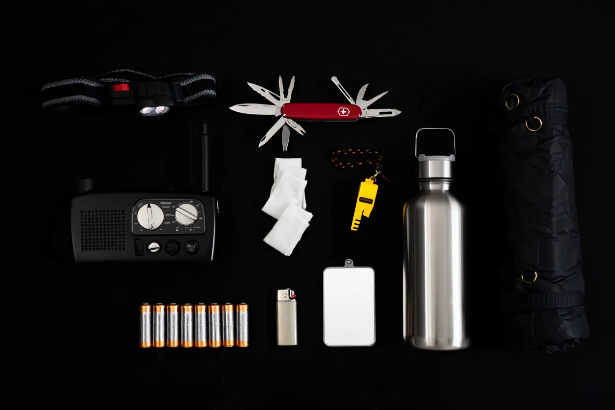Équipements de survie disposés à plat