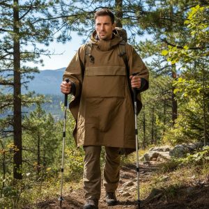 Homme en plein air portant un poncho-tarp softshell kaki, capuche haute, rangers et bâtons de marche dans une forêt.