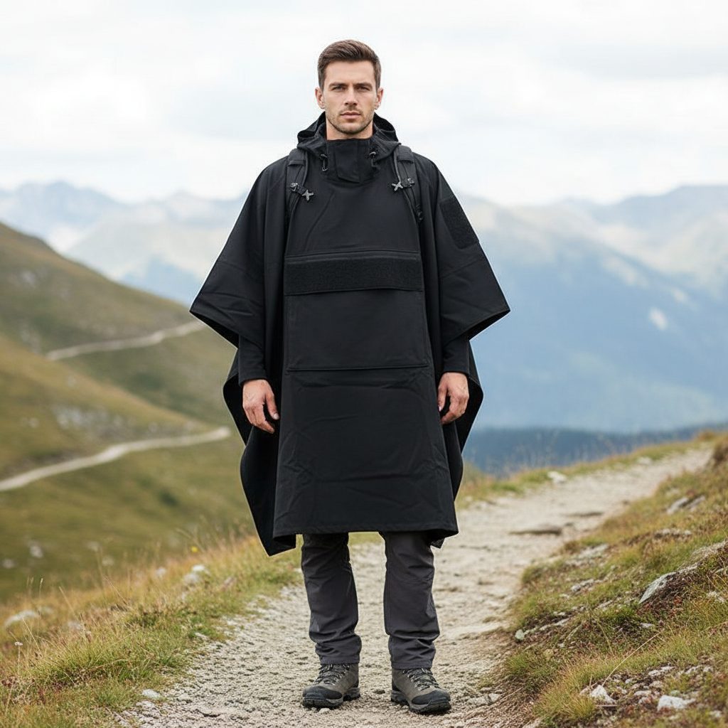 Homme debout sur un sentier de montagne, vêtement poncho noir imperméable et léger, avec capuche et poches, paysages alpins en arrière-plan.