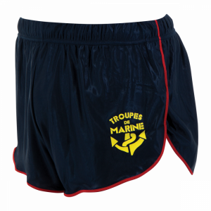 Pantaloncini militari Troupes de Marine blu navy con logo giallo sul lato, pantaloncini sportivi con bordi rossi.