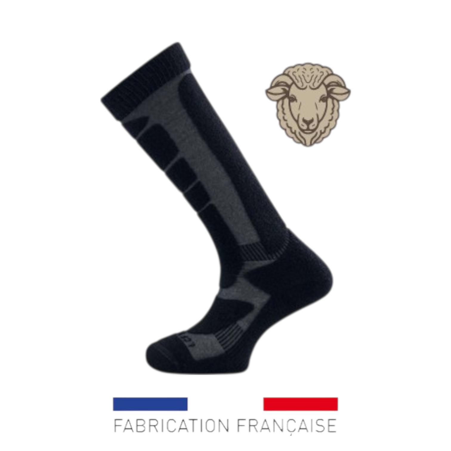 Chaussettes en mérinos noir et gris à motifs militaires, hauteur moyenne, logo fabrication française (drapeau bleu-blanc-rouge et tête de bélier). Chaussettes en mérinos noir et gris à motifs militaires, hauteur moyenne, logo fabrication française (drapeau bleu-blanc-rouge et tête de bélier).