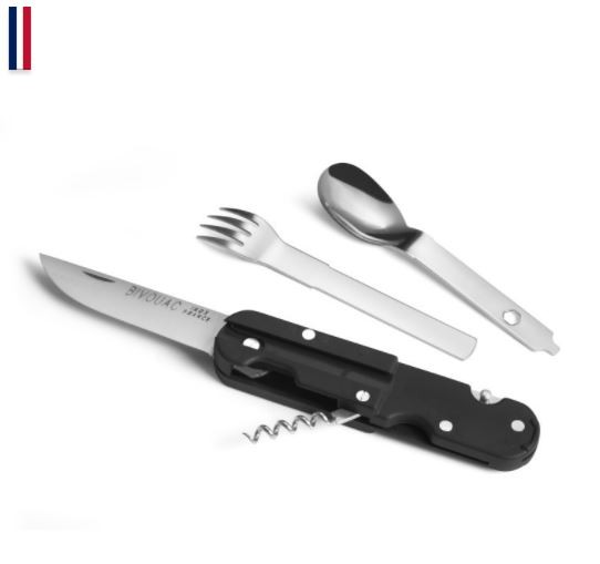 Set di coltelli multi-tool con coltello, forchetta, cucchiaio e cavatappi in acciaio inossidabile.