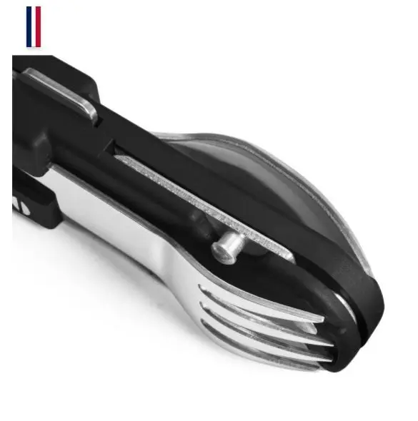 Forchetta pieghevole per limare con lama in metallo e manico nero, uno strumento compatto per tagliare/sezionare all'aperto.