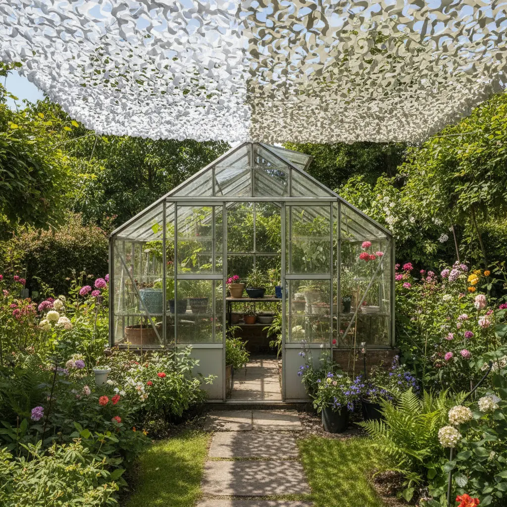 Serre en verre au centre d’un jardin fleuri, entourée de plantes et de roses, sous une voile camouflage décorative en haut.