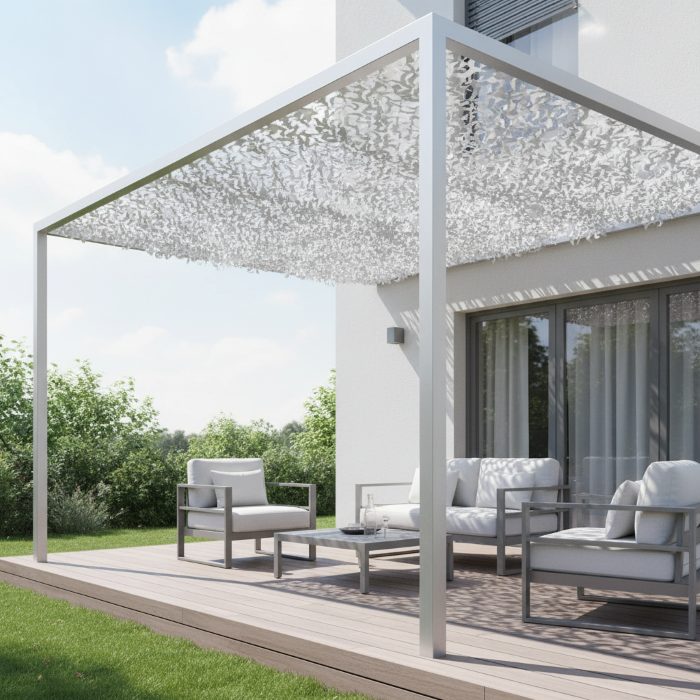 Terrasse moderne avec pergola blanche et pare-soleil en résille, mobilier gris clair (canapés et fauteuils) autour d’une table, sur bois, près d’une maison avec grandes fenêtres. Jardin verdoyant au loin. Terrasse moderne avec pergola blanche et pare-soleil en résille, mobilier gris clair (canapés et fauteuils) autour d’une table, sur bois, près d’une maison avec grandes fenêtres. Jardin verdoyant au loin.