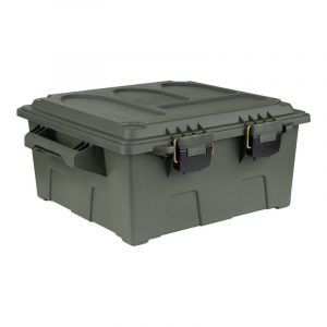 TGM compact watertight transport box in sturdy plastic, khaki, with clip fastener and strap, side handles.