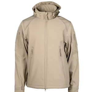 Veste softshell militaire imperméable à trois couches, couleur beige, capuche, zips frontaux et poches zippées, poches sur les bras.