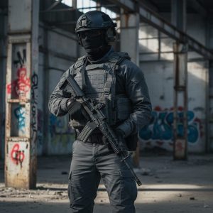 Gilet tactique gris avec plastron balistique, porte-plaques et casque balistique, homme armé dans un bâtiment urbain grafité.