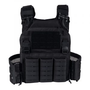 Gilet porte-plaques tactique noir en Cordura 500D avec poches mag et panneau MOLLE, bandoulières et ceinture modulaires.