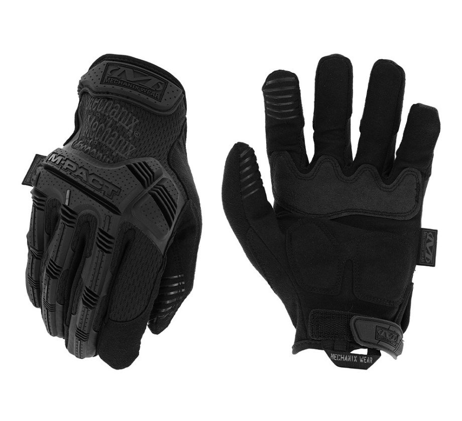Gants mécanix M-Pact noir, finement renforcés, protège-dos et paume rembourrés avec grips, vue avant et arrière.