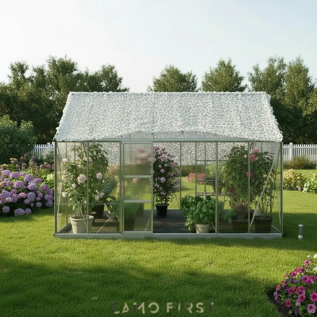 Serre en verre et métal entourée de plantes, avec toit translucide et jardin florissant autour. Serre en verre et métal entourée de plantes, avec toit translucide et jardin florissant autour.