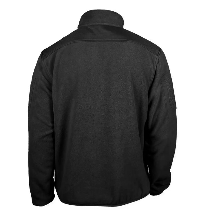 blouson polaire noir de style militaire vue de dos, col montant, zips et poches sur les manches.