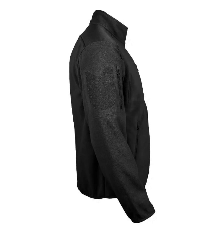 blouson polaire noir avec épaule et coudière renforcées, zips visibles sur le devant, vue side profil.