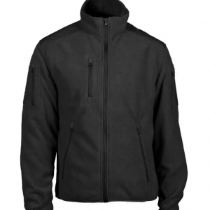 blouson noire polaire esprit militaire, coupe frontale zippée, col montant, plusieurs poches zippées (poitrine et côtés) et manches avec fermetures, style bureau/duty.