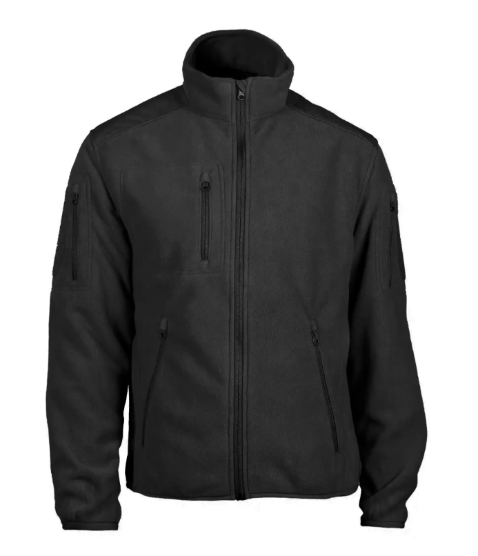 blouson noire polaire esprit militaire, coupe frontale zippée, col montant, plusieurs poches zippées (poitrine et côtés) et manches avec fermetures, style bureau/duty.