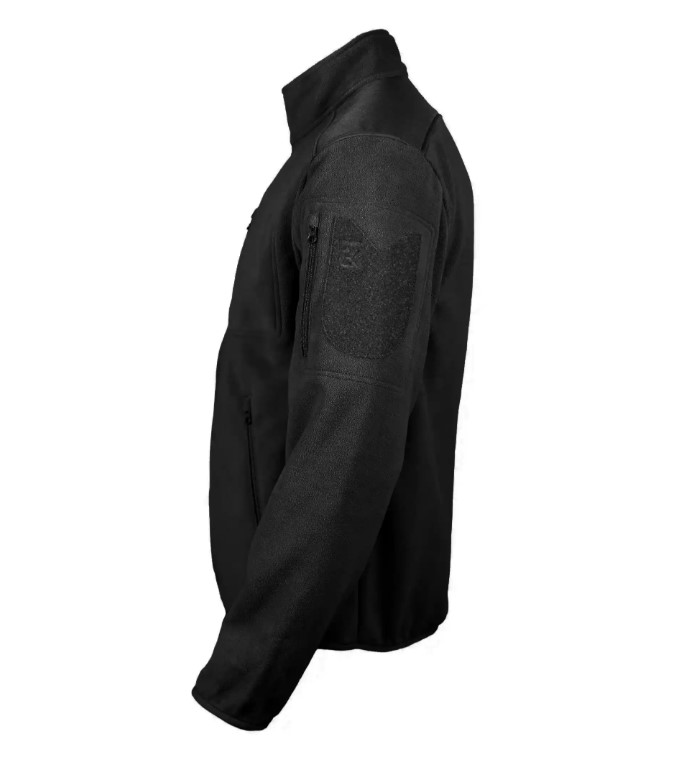 blouson polaire noir avec poches zippées et patch sur la manche, vue latérale droite, tissu coupe-vent pour extérieur.