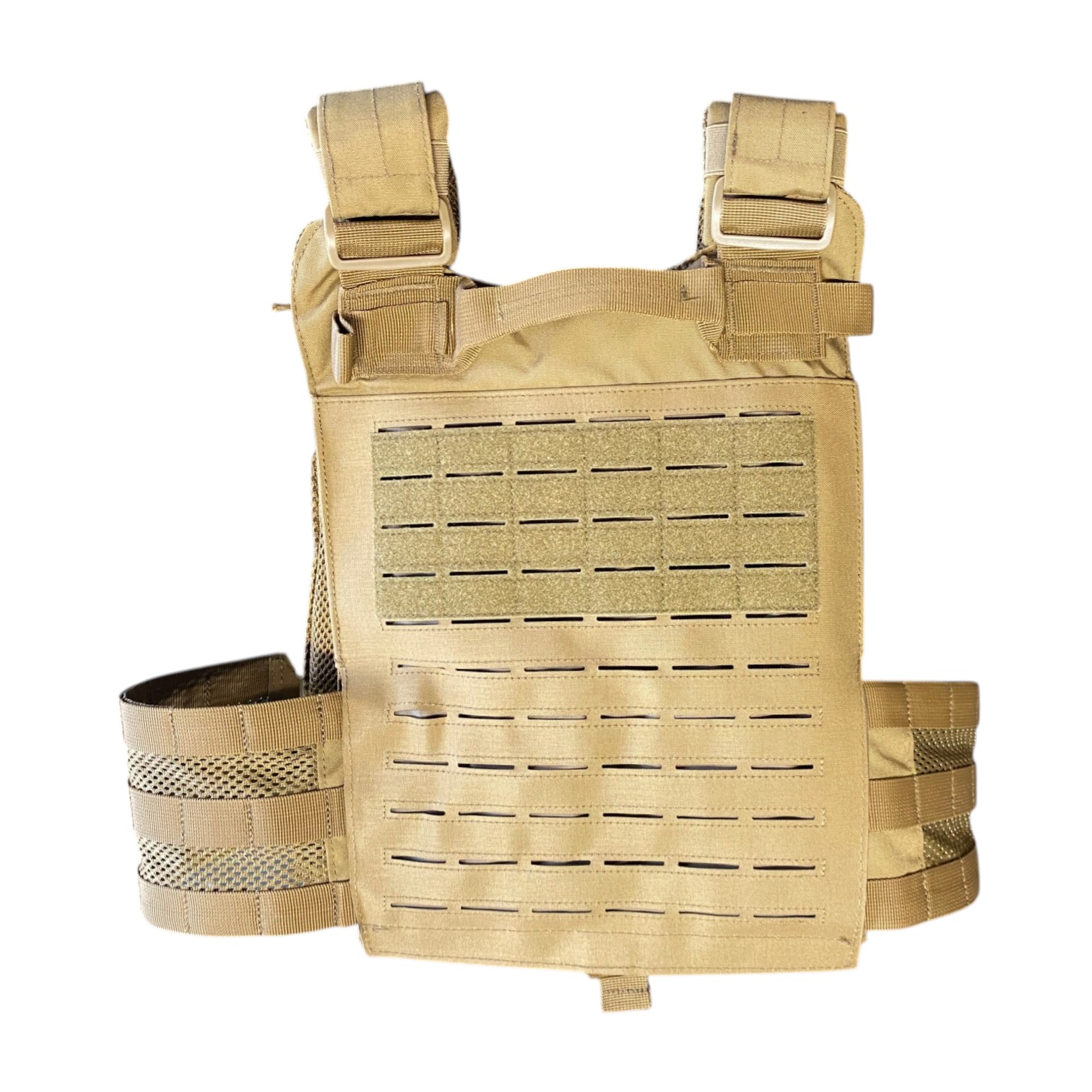 Gilet tactique en Cordura 500D couleur coyote avec panneau MOLLE, sangles et ceinture, prêt à porter plaque.