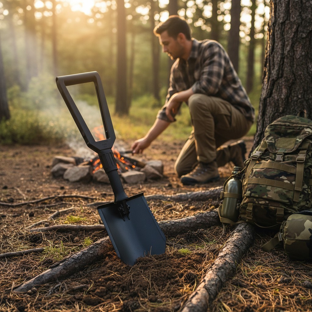 Pelle pliante noire en avant-plan dans une forêt, bords en métal et manche, près d’un feu de camp ; sac militaire et gourde à droite, homme en cardigan à l’arrière.