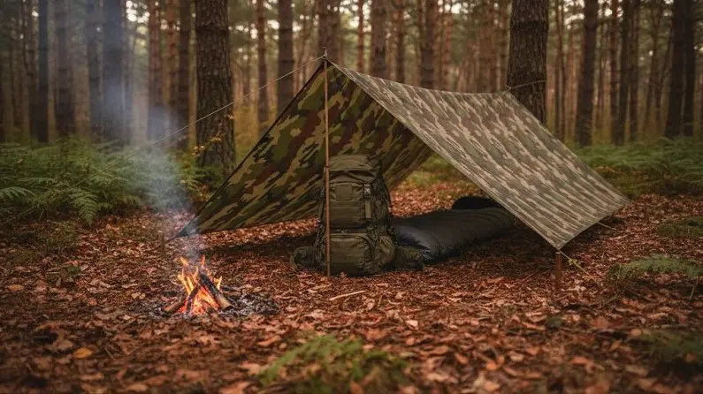 Tente camouflage en forêt avec sac à dos et feu de camp; ambiance outdoor et matériel militaire.